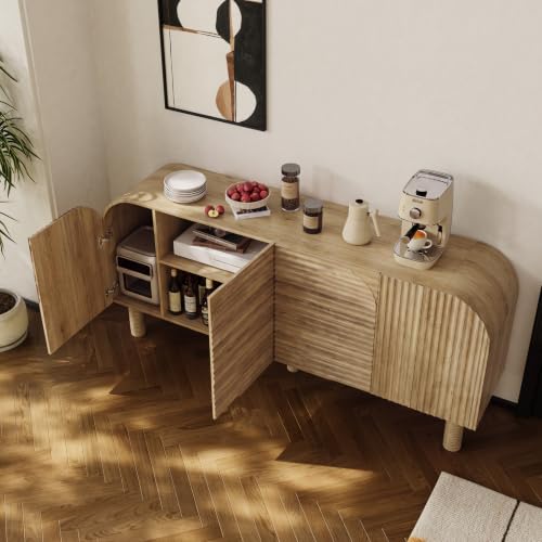 Image of 71 inch Curved Sideboard Cabinet with Storage, 4-Door Buffet Credenza,Natural | Large wood credenza features four textured arched doors, roomy storage, and anti-tip hardware for dining rooms and entryways