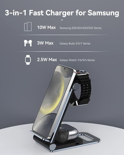 Image of Wireless Charger for Samsung 3 in 1 Wireless Charging Station Stand | Foldable for Galaxy S26 S25 Ultra Plus FE S24 S23 S22 S21 S20 Z Flip /Z Fold /Note, Galaxy Watch 8 /7 /6 /5 /4 /3, Galaxy Buds