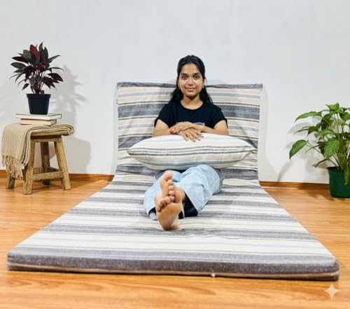 Image of Foldable Mattress Queen Bed Size 5 x 6 Feet | Soft Foam Folding Floor Sleeping Mattress with 1 Filled Pillow for Travel, Camping, Home, Yoga Hostel Guest Room PG Use | Brown White Stripped
