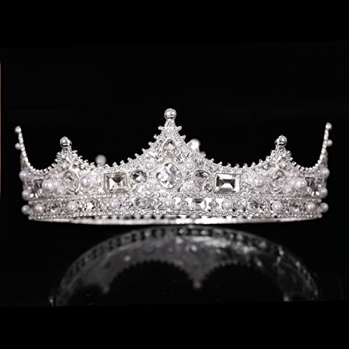 FORSEVEN King Crown for Men Crystal Pearl Wedding Tiaras Birthday Party Round Crowns Christmas Crowns