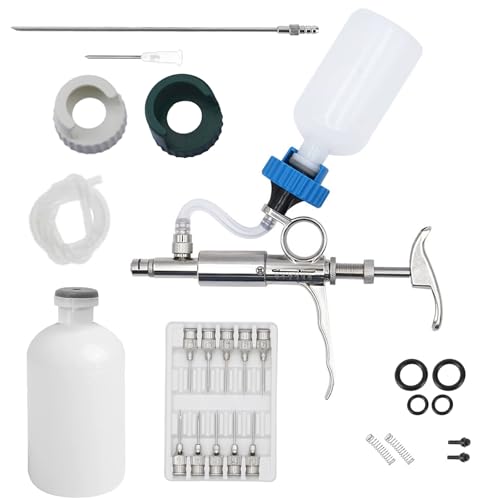 5ML Livestock Syringe Gun, Automatic Self Refill Injection Gun Continuous Adjustable Bottle Attachment Livestock Animal Syringe with 10 Needles, for Chicken, Duck, Pig, Sheep, Cow Poultry by ReuVibk - Used condition - US$28.49