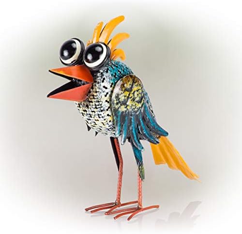 Alpine Corporation JUM450HH Alpine 11" Tall Metal Wide-Eyed Bird Standing Yard Statue Decoration, Multicolor Outdoor Décor