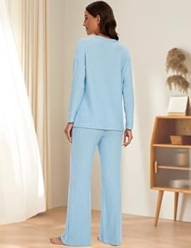 Damespyjama, lang, V-hals, winter, nachtkleding, tweedelig, sexy sleepwear, lange mouwen, met knoopsluiting, uniforme stijl, Style1 lichtblauw, XXL