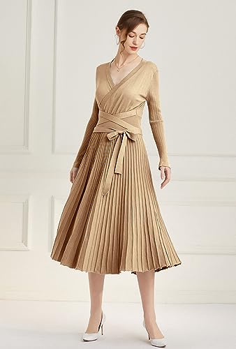 Image of Women's Long Sleeve Sweater Dress Ankle Length Fall Dress Vneck Knit Winter Dress