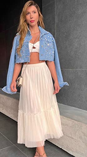 Jaqueta Cropped Jeans Bordada Pedraria Brilho (G)