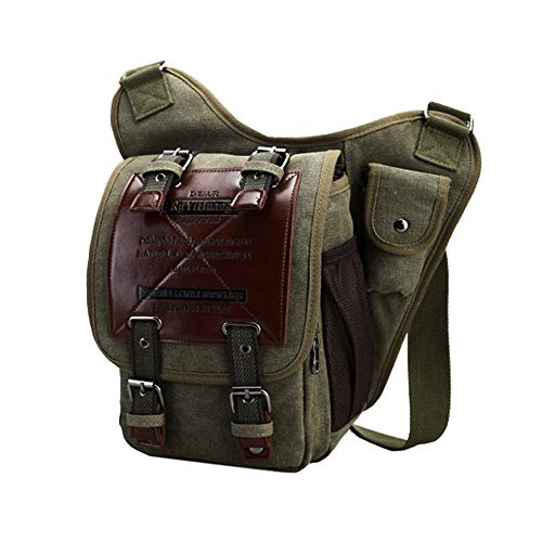 Chikencall Mens Boys Vintage Canvas Bags Retro Casual Shoulder Bag Leather Single Shoulder Cross Body Bag Military Messenger Bag Sports School Travel Hiking Satchel