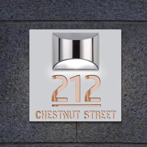 Panneau solaire pour numéro de maison personnalisé, lampe LED solaire, panneau d'adresse 3D découpé au laser, plaque d'adresse extérieure (blanc et or rose)