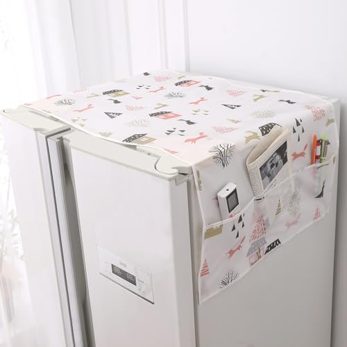 Image of HOKIPO Large Fridge Cover Top | For Bigger Double Door Refrigerator | Waterproof, Printed with 6 Side Pockets, Size Large 180x62 cm, Woodland Village (AR-5876-D4)