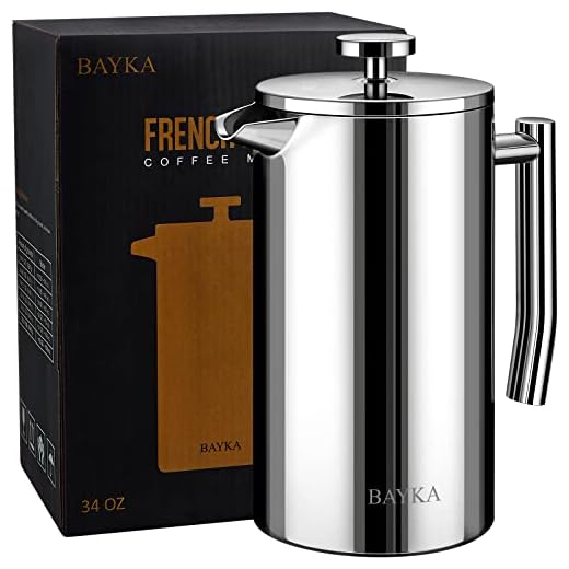 BAYKA French Press Coffee Tea Maker 34oz, 304 Stainless Steel Insulated Coffee Press with 4 Filter Screens, Rust-Free, Dishwasher Safe, Silver