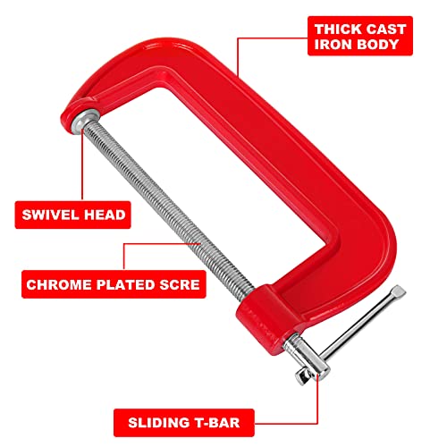 6 Inch C Clamps Set 4 Piece Heavy Duty Steel C Clamp - Industrial Strength C Clamp Set, 6-Inch Jaw Opening, 2-3/4 Inch Throat Depth For Woodworking, Welding, Building (Red) #TOP2