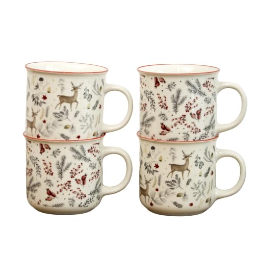 Darthome Set of 4 Woodland Christmas Mugs 400ml Ceramic Winter Forest Animal Foliage Coffee Cups