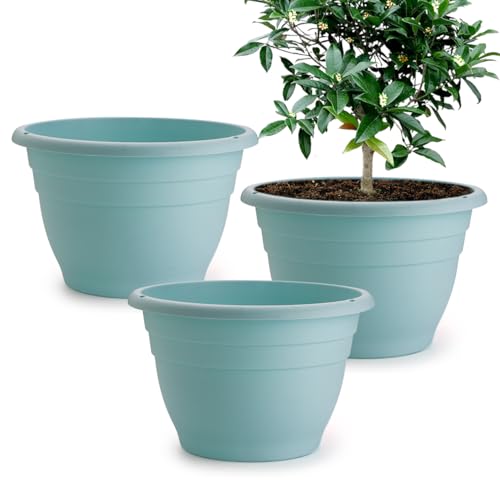 Image of RooTrimmer 3 Pack 11 Inch Plant Pots with Drainage Hole and Plug, Durable Plastic Flower Pots for Indoor & Outdoor Plants, Elegant Mordern Plant Pots Perfect for Herbs, Flowers & Succulents, Blue