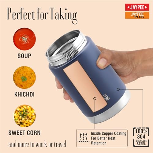 Image of Jaypee Plus Nutri Jar Stainless Steel Vacuum Insulated Food Jar With Bag & Spoon|Hot And Cold Thermal Flask|Double Walled Scratch Resistant Ideal for Office, School, Gym & Travelling | 550 ml, Blue