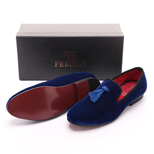 FERUCCI Handmade Men Blue Velvet Slippers Flats Loafers with Blue Tassel3