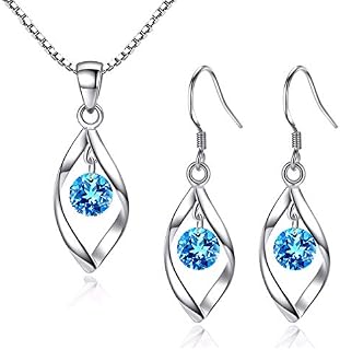 Zolkamery Silver Jewellery Set for Women, 925 Sterling Silver Pandent Necklace and Hook Dangle Earrings with 5A Blue Cubic Zirconia, Silver Jewellery Set Gift for Girlfriend Wife on Valentines day