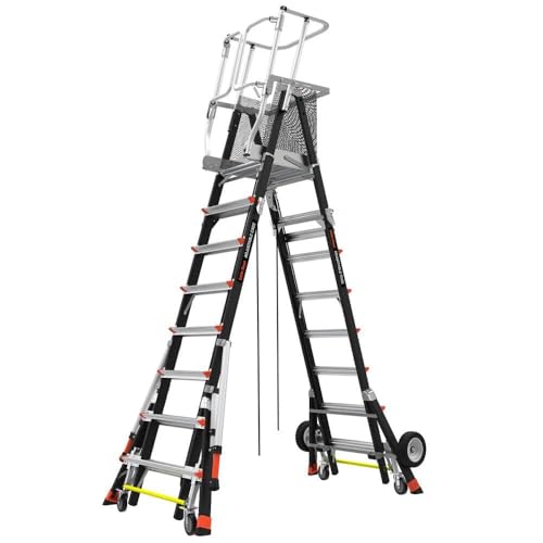 Little Giant Adjustable Safety Cage 8–14 ft, Type IAA 375 lb Fiberglass Platform, OSHA Compliant, No Tie-Off Needed, Guardrails, Outriggers, Wheel Lift Casters, Tip & Glide Wheels