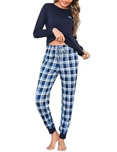 Bresdk Schlafanzug Damen Lang Pyjama Baumwolle Hausanzug mit Taschen Lounge Set Blau L