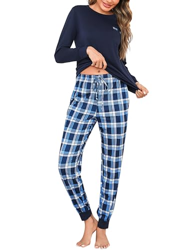 Bresdk Pijamas para Mujer Algodón Invierno Manga Larga Pijamasde Cómodos Pantalones Estampados Azul M