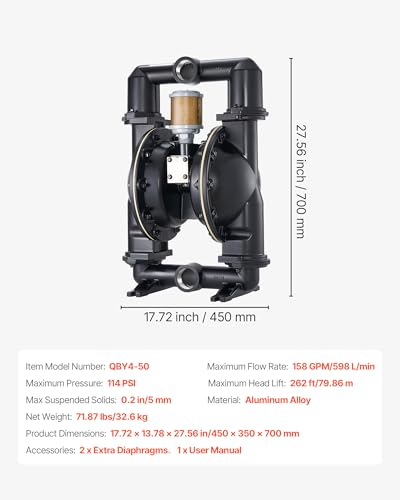 Image of VEVOR Air Operated Double Diaphragm Pump, 158 GPM, 2 inch Inlet & Outlet Pneumatic Waste Oil Transfer Pump, Max 114 PSI, Aluminum Alloy Body, Air-Operated for Diesel, Grease, Kerosene, Gasoline & Oil