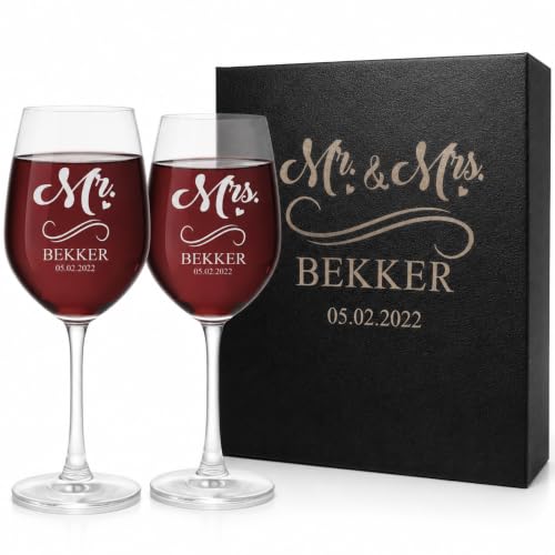 Gifts Inscribed Personalized Mr and Mrs Stemmed Wine Glasses, Set of 2