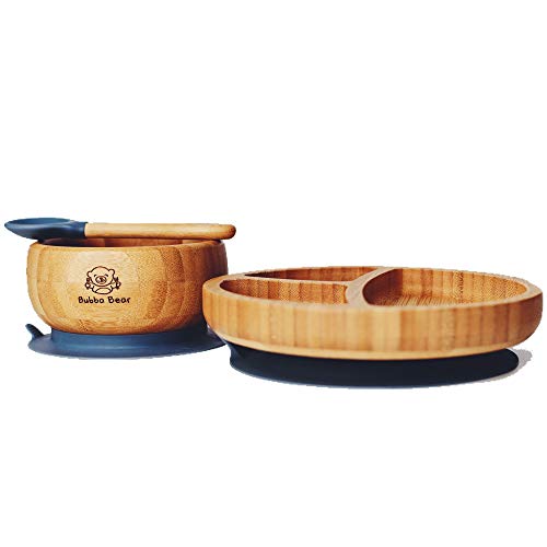 Bubba Bear ® Juego de ventosas, platos y cucharas para bebés pequeños | Guía gratuita de Bubba Bear para el destete eBook | Stay Put Bowl y plato de alimentación | Hecho con bambú natural