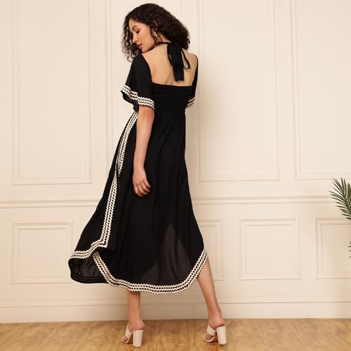 Image of DEEBACO Women's Solid Rayon Slit Ankle Length A-Line Dress|Sleeveless|Halter Neck|Casual Trending Fashion Long One Piece Dresses Women Western