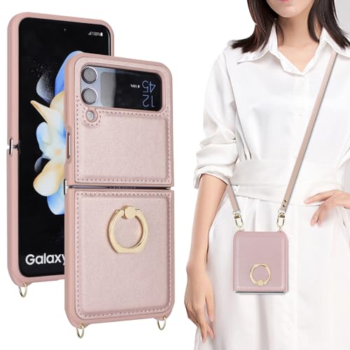 Cavor for Samsung Galaxy Z Flip 4 Case,Phone Case for Galaxy Z Flip 4 Case Strap and Ring Stand,Crossbody Lanyard,Leather Shockproof Protective Case for Women-Rosegold