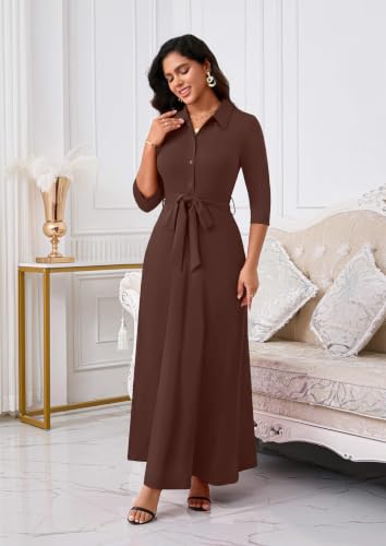 Image of Runwind Women Church Maxi Dresses 3 /4 Sleeve Button Down Print Casual Office Dress African