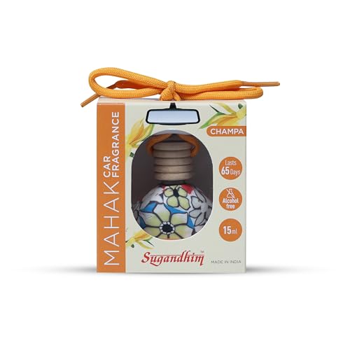 Image of Sugandhim Mahak Champa Car Air Freshener, Hanging Perfume Bottle Scent Diffuser for Cars, Natural Floral Fragrance Oil - Lasts 65 days, 15 ml x 1 bottle,Non Alcoholic, Long and Short drive