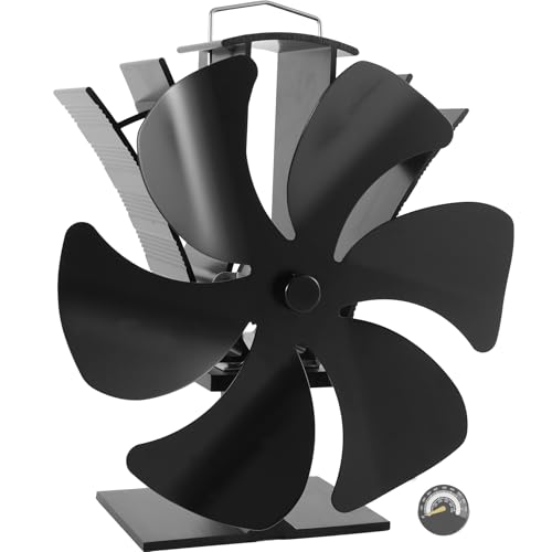 Ventilador de fogão de 6 folhas sem eletricidade: ventilador de lareira com termómetro, funcionamento silencioso, compatível com fogões a lenha, lareira e pellets