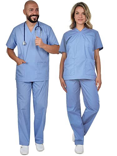 B-well Cesare Unisex-Schrubb-Set Schlupfkasack + Schlupfhose Set Medizin Arzt Uniform Schlupfjacke Oberteil mit Hose Medizinische Berufsbekleidung Blau M