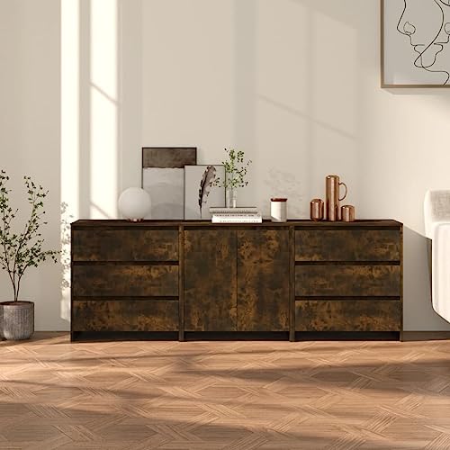 QUAHEAS Aparador de madera de roble ahumado con espacio de almacenamiento, 70 x 40 x 75 cm, armarios auxiliares con cajones y puertas, muebles de cocina y comedor, solución de almacenamiento práctica