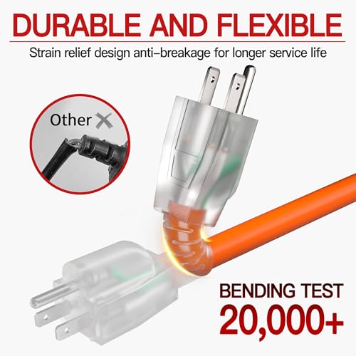 Image of 100 FT 14 /3 Extension Cord Outdoor, Heavy Duty Weatherproof & Flame Retardant Orange 3 Prong Power Cord with Light, Outside for Lawn & Garden, 13 Amps 1625 Watts 125 VAC 14AWG SJTW, ETL Listed