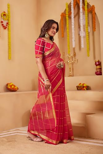 Image of StyleScope Women's Kota Doria Cotton Zari Checks Manipuri Saree With Unstitched Blouse Piece (Malanng)