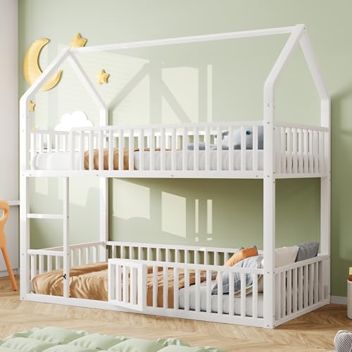 Kinderbett Etagenbett 90x200, Hochbett Hausbett mit Dach&Treppe&Tür, Metallbett mit Rausfallschutz, Einzelbett Bettgestell Jugendbett Stockbett...