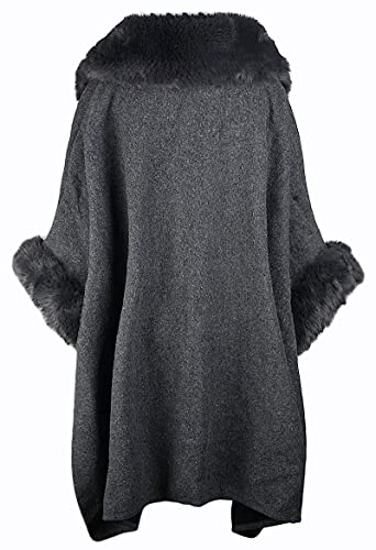 Image of Women Poncho with Pocket Warm Cashmere Cardigan Cape with Rabbit Fur