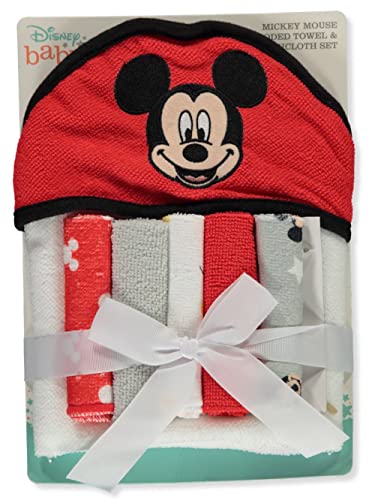 Image of Cudlie Disney Baby Mickey Mouse Happy Face Print (Hooded Towel with 5 Piece Washcloth Set)