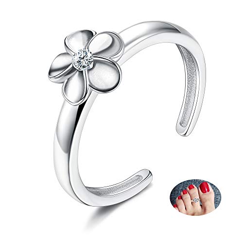 Sllaiss 925 Sterting Silver Open Toe Ring for Women Girls Teens Flower Adjustable Toe Ring Hypoallergenic CZ Rings Simple Open Thin Band Ring Tail Ring Foot Jewelry