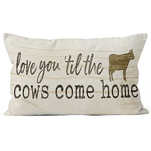 Image of YUESHARE Farmhouse Farm Rustic Wood Board Love You Till The Cows Come Home Linen Throw Pillow Cover, Funny Cow Mom lover Gifts for Home Bed Sofa Decorations Decor (12 x 20 Inch)