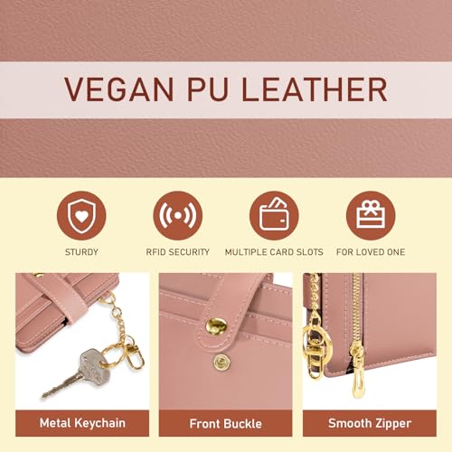 Image of Jogjam Coral Pink Rfid Ladies Wallet, Small Slim Thin Compact Credit Card Women Wallet, PU Leather Bifold Cash Zipper Coin Pocket ID Window for Female
