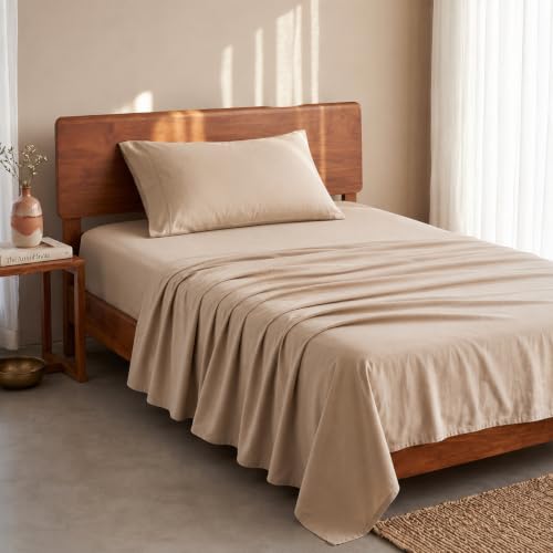 Image of LANE LINEN 100% Organic Cotton Bedsheet for Single Bed - Taupe | GOTS Certified, Percale Weave, 60x90 inches, Soft & Breathable, Machine Washable, Includes 1 Pillow Cover