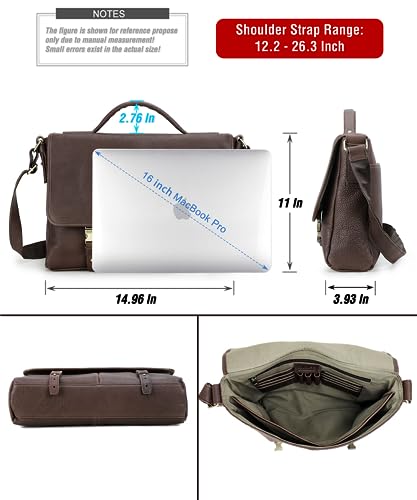 Image of Top Grain Litchi Leather 16.2 inch Laptop Briefcase Crossbody Handbag, Vintage Handmade & Adjustable Strap, Fits to MacBook Pro 16.2 inch M1 Max 15 inch Touch Bar 16 inch Pro & A4 /A5 Paper, Coffee 16.2 Inch
