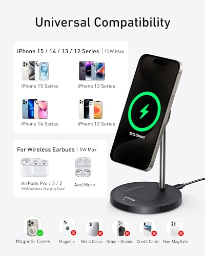 Image of Anker MagGo 2-in-1 MagSafe Compatible Qi2 15W Wireless Charging Stand