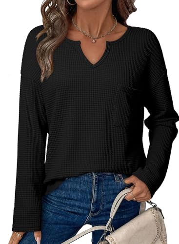 Dokotoo Womens Tops Waffle Knit Long Sleeve Notched V Neck Shirts Casual Trendy Solid Color Loose Blouses