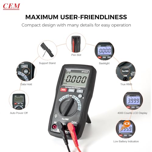 Image of CEM DT-913T Digital Multimeter TRMS 4000 Counts Voltmeter Auto-Ranging Fast Accurately Measures LCD Display Voltage Current Amp Resistance Diodes Continuity for Automotive