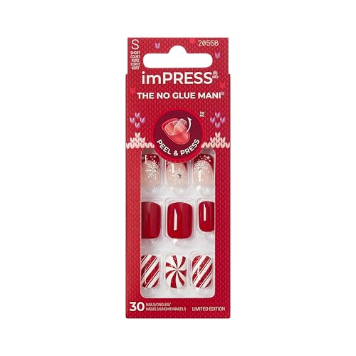 KISS imPRESS Holiday Press On Nails Santa Baby Red Short Squoval Improved Super Hold Adhesive 30 Fake Nails Prep Pad Mini Nail File & Manicure Stick