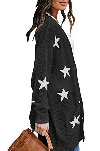 Hapcope Women's Star Print Button Down Knit Open Front Cardigan Sweaters With Pockets Black L #TOP3