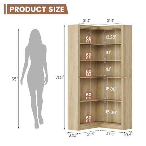 GarveeHome Corner Bookshelf, 71.8'' Farmhouse Corner Bookcase, L-Shaped Bookshelf Large Bookcase, 5 Tier Display Shelf Heavy Duty Bookcases, Bookshelves with Storage (Light Wood)