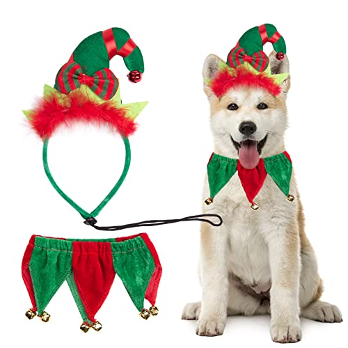 PAWCHIE Weihnachtskostüme für Hunde, Weihnachts-Elfen-Stirnband und Glockenhalsband-Set, Haustier-Kostüm-Zubehör, niedlicher Urlaub, Cosplay-Anzug für kleine Hunde Cover