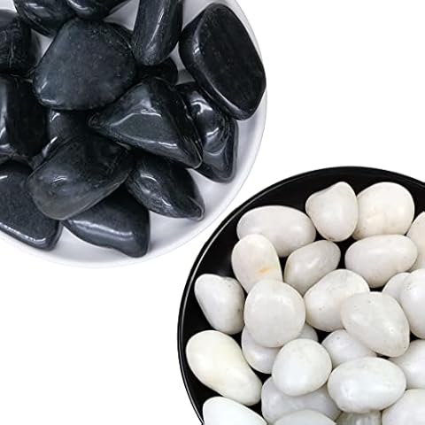 YISZM 0.7-1.2 inch 5lbs White and 1-2 inch 5lbs Black River Rocks, Natural Pebbles for Indoor Plants, High Polished Decorative Stones Vase Filler Fish Tank Aquariums Garden Landscaping Cover
